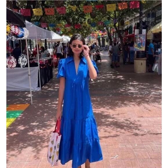 Zara Cotton Poplin Midi Dress Medium Cobalt Royal Blue Collared Tiered Preppy - Picture 2 of 12